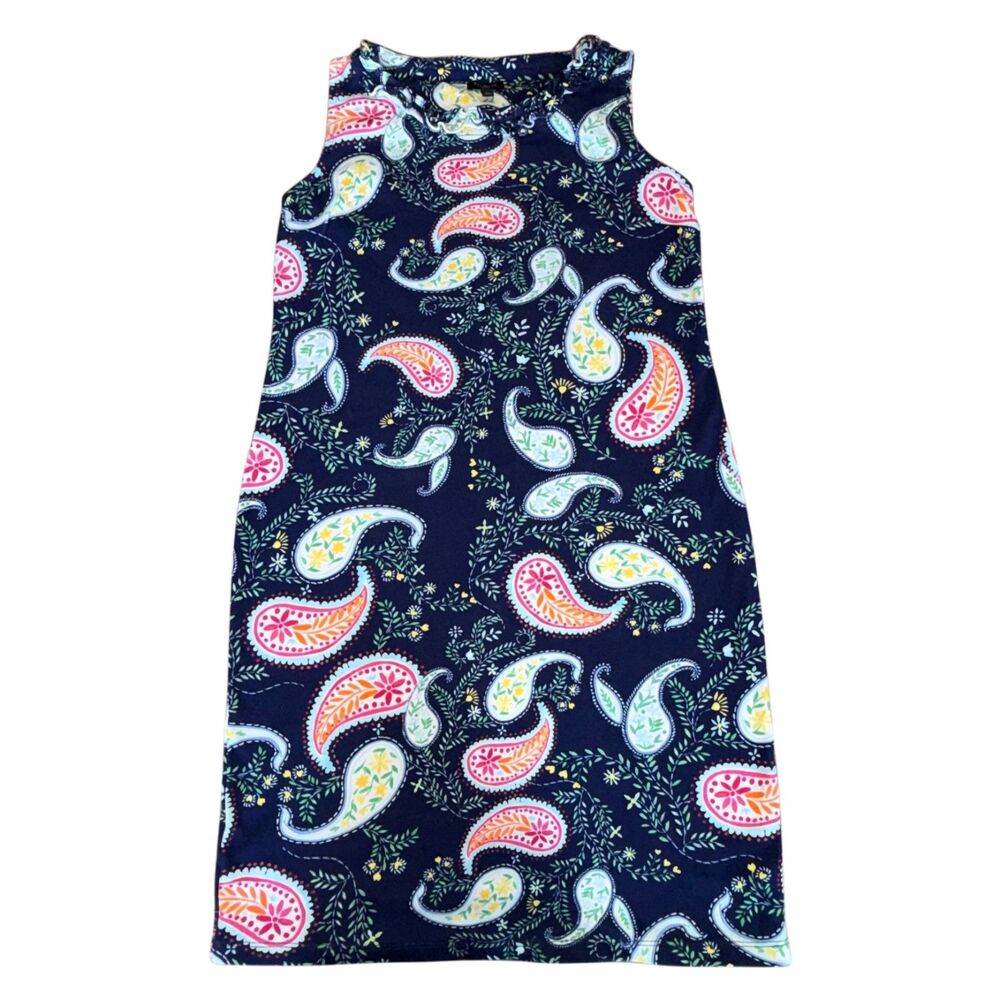 Talbots Navy Blue Paisley Print Ruffle Neckline Shift Dress Petite Small